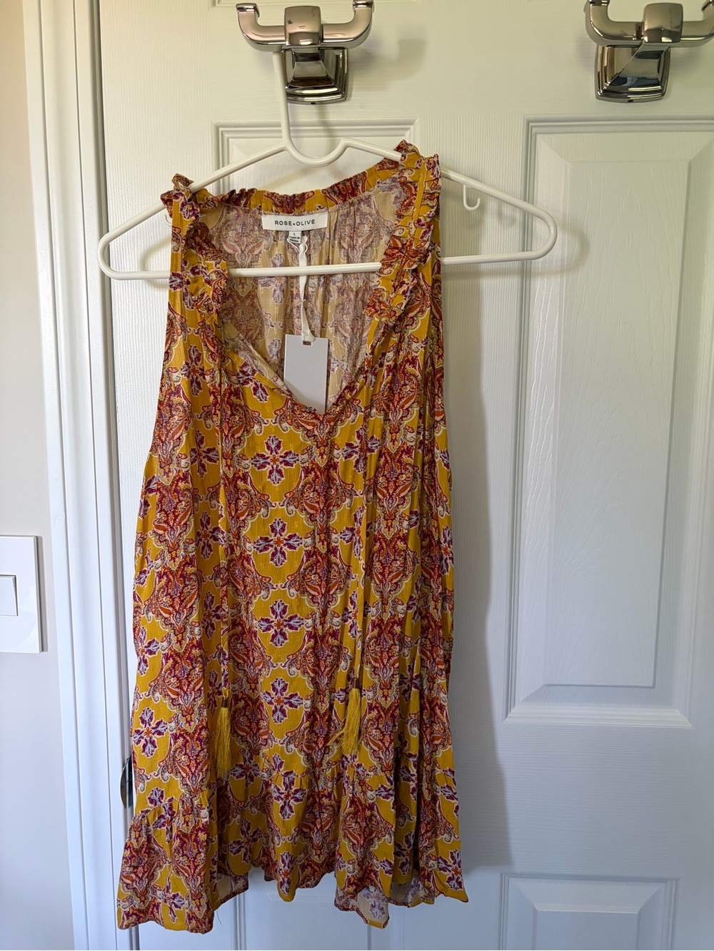 Rose & Olive Yellow Paisley Ruffle Neck Swing Top